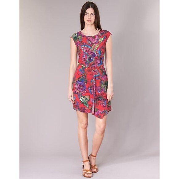Desigual 42 M Red Botanical Dress Floral Zipper Ofelia Asymmetric Euro Tropical - Picture 1 of 7